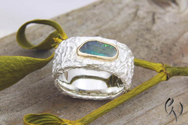 Preview: Breiter Ring aus Silber 925/- mit Boulderopal, zerknittert