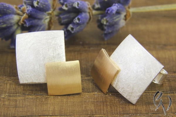 Ohrstecker Doppelquadrat, Silber 925/- mit Roségold 750/-