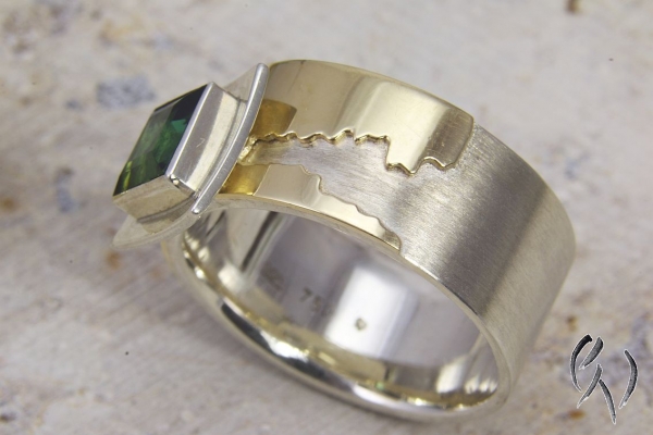 Ring Jara, Silber 925/- und Gold 750/- mit grünem Turmalin